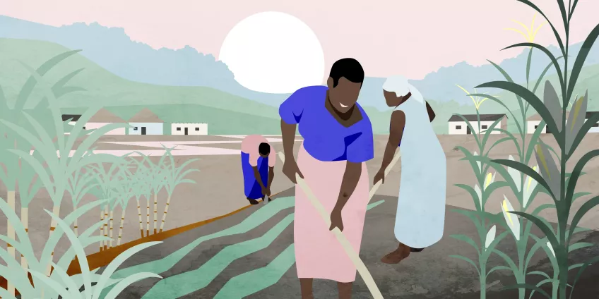 Woman in a field in Africa for LUCSUS land use theme. Illustration: Catrin Jakobsson.